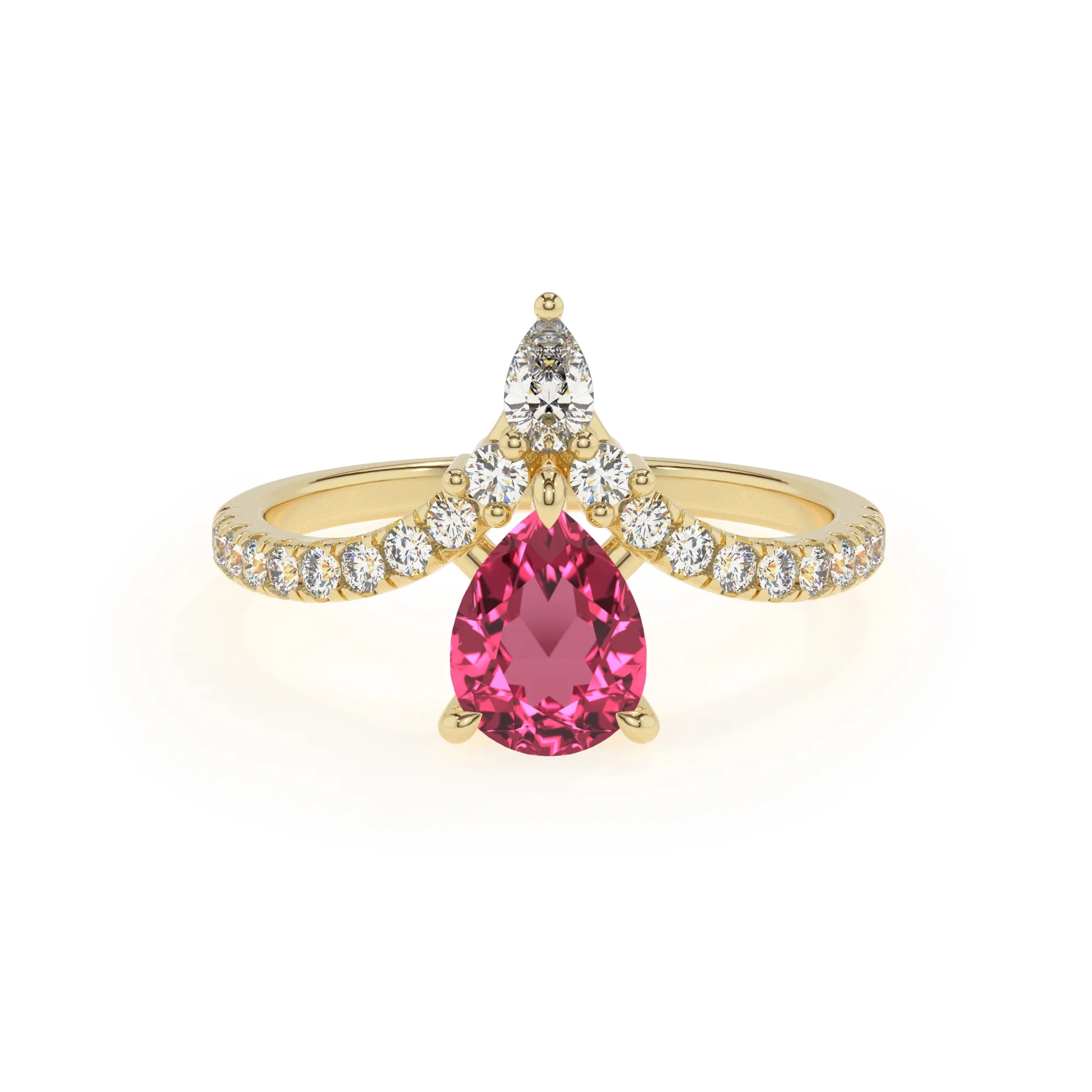 lab grown pink-tourmaline pear solitaire rings in yellow gold 