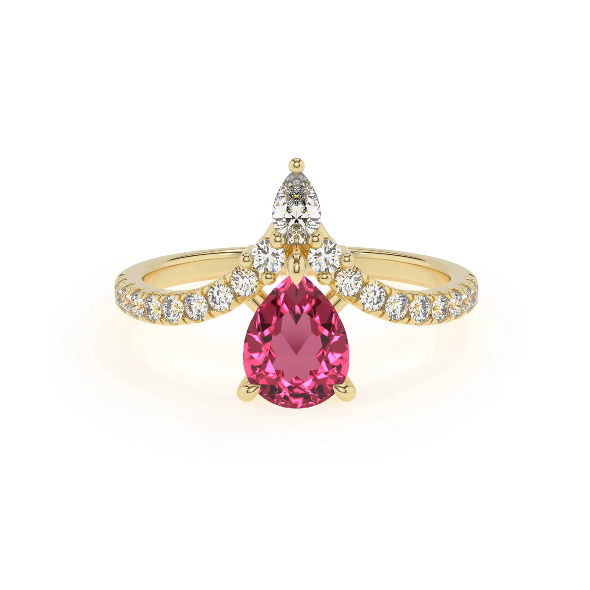 lab grown pink-tourmaline pear solitaire rings in yellow gold 