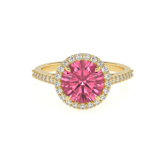 lab grown pink-tourmaline round solitaire rings in yellow gold 