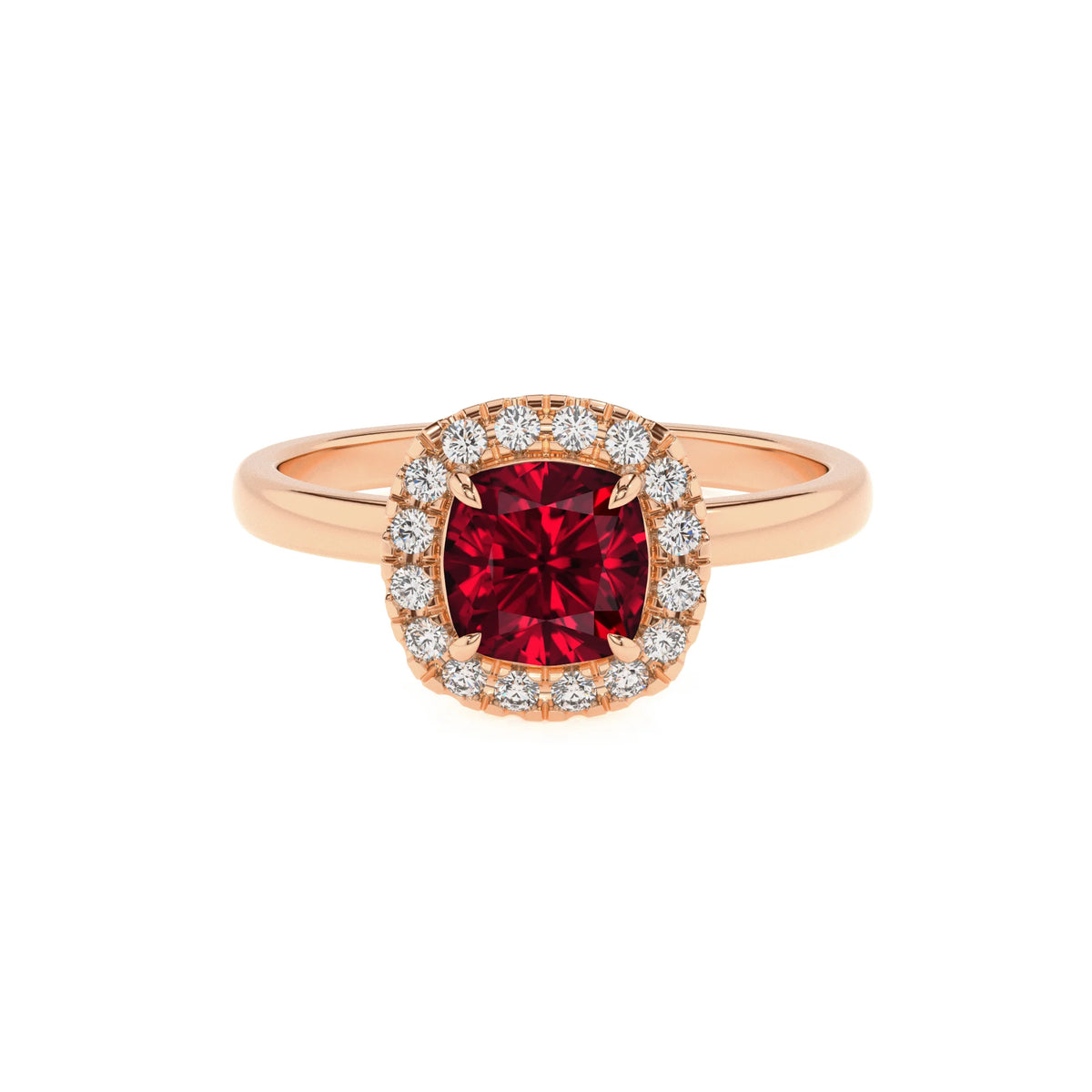 lab grown ruby cushion solitaire rings in rose gold 