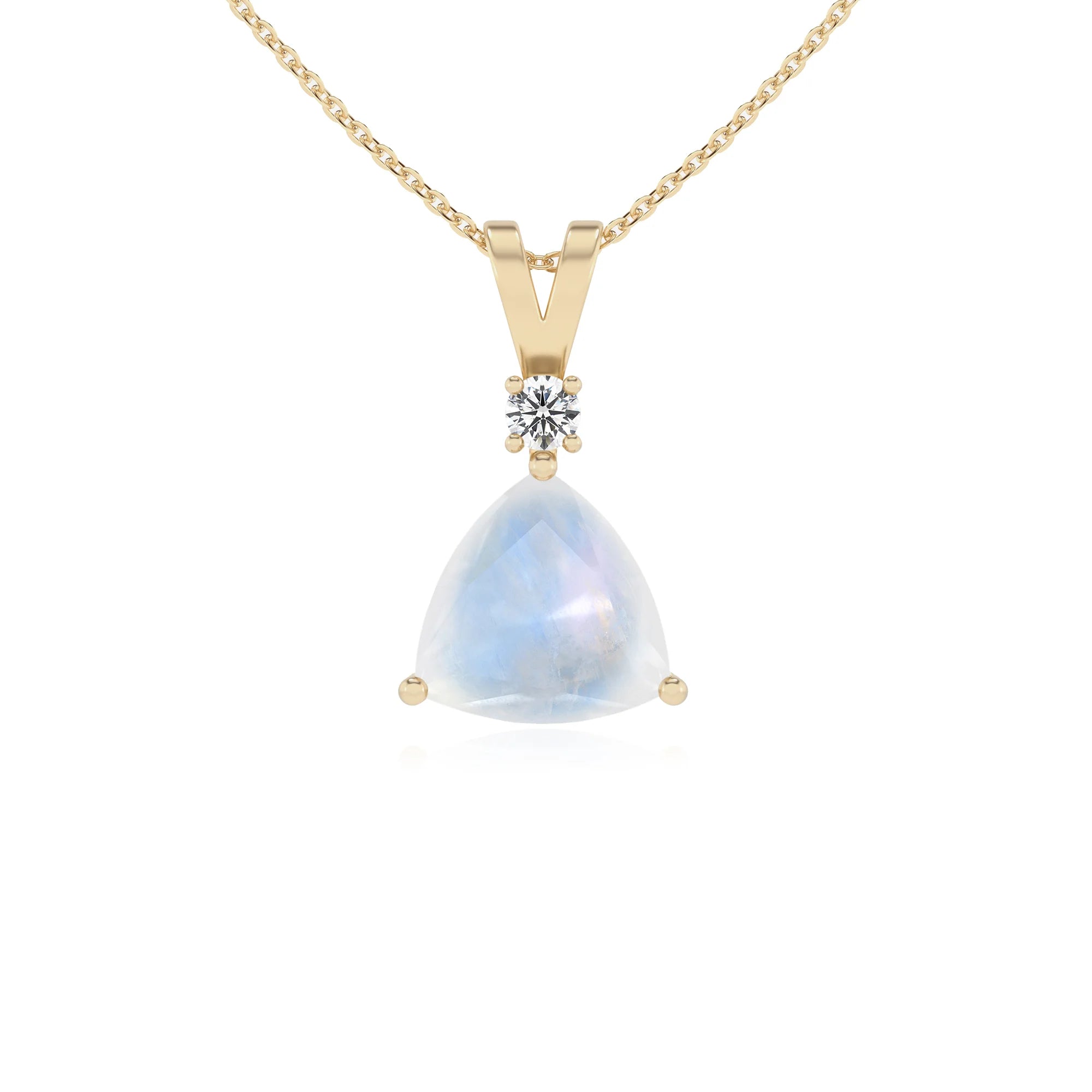natural rainbow-moonstone trillion solitaire v-bale necklaces in yellow gold 