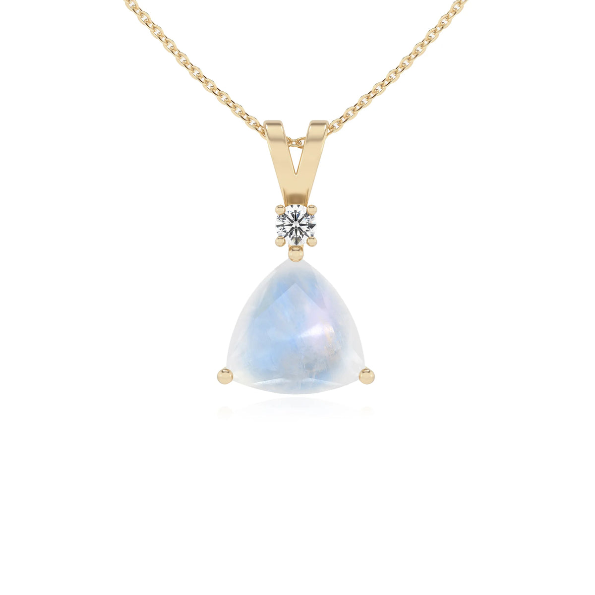 natural rainbow-moonstone trillion solitaire v-bale necklaces in yellow gold 