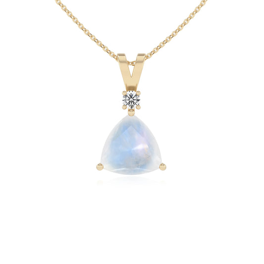 natural rainbow-moonstone trillion solitaire v-bale necklaces in yellow gold 