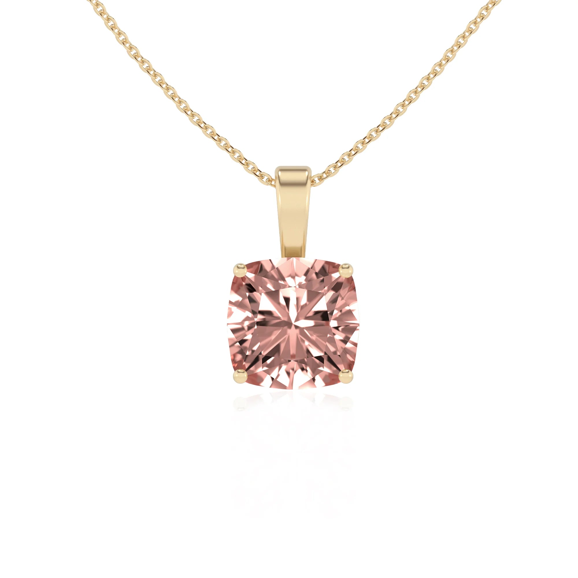 lab grown morganite cushion solitaire necklaces in yellow gold 