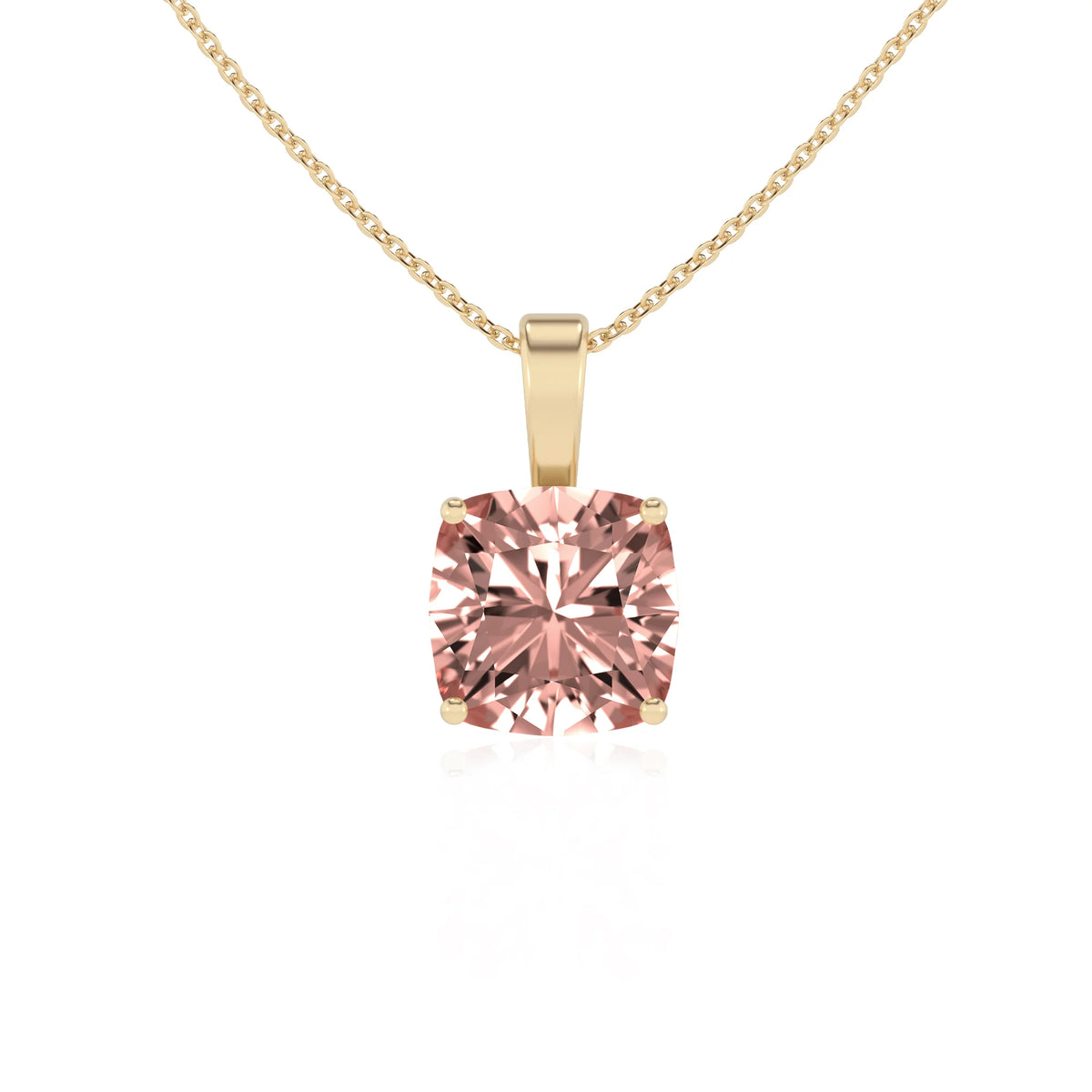 lab grown morganite cushion solitaire necklaces in yellow gold 