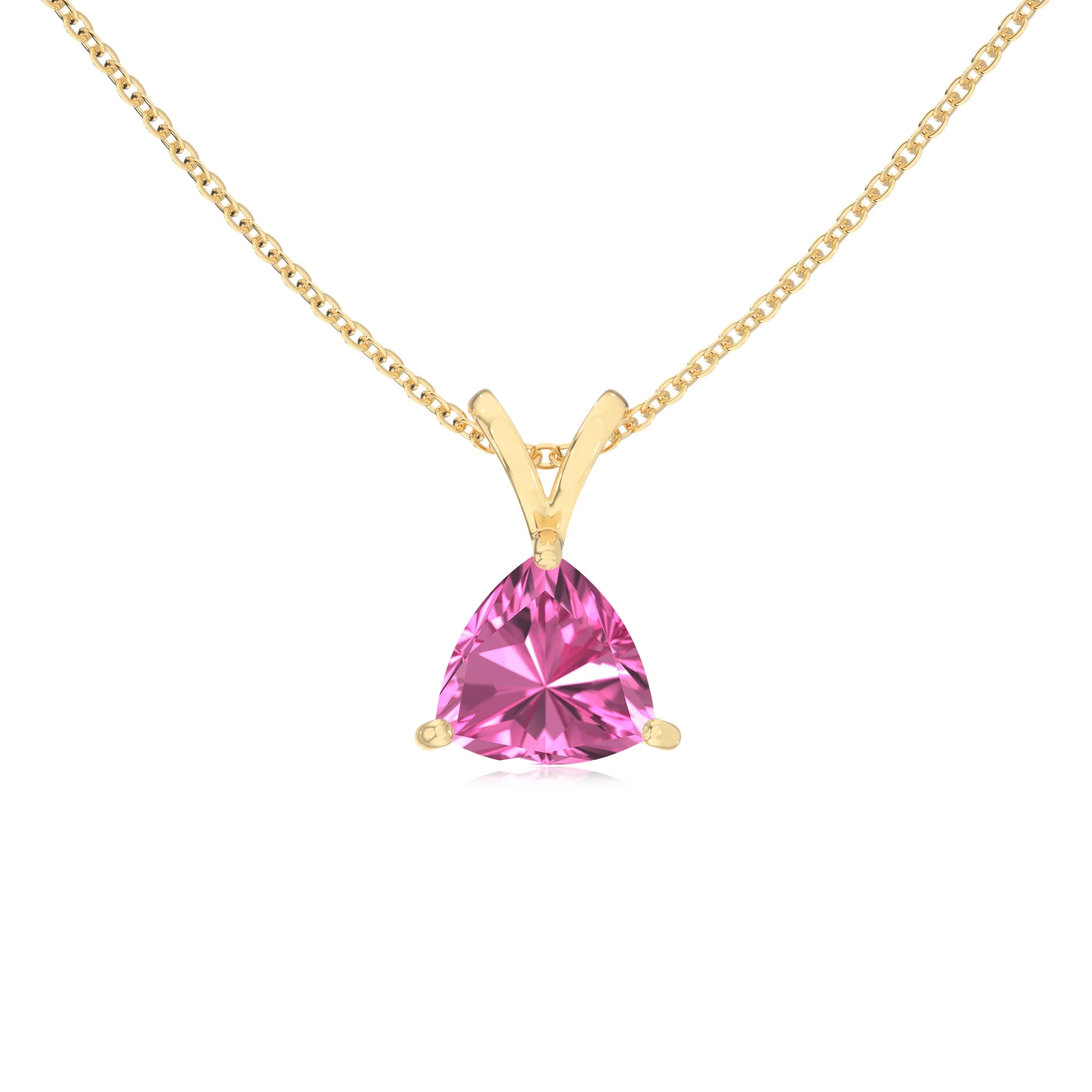 lab grown pink-sapphire trillion solitaire v-bale necklaces in yellow gold 