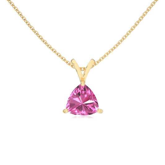 lab grown pink-sapphire trillion solitaire v-bale necklaces in yellow gold 