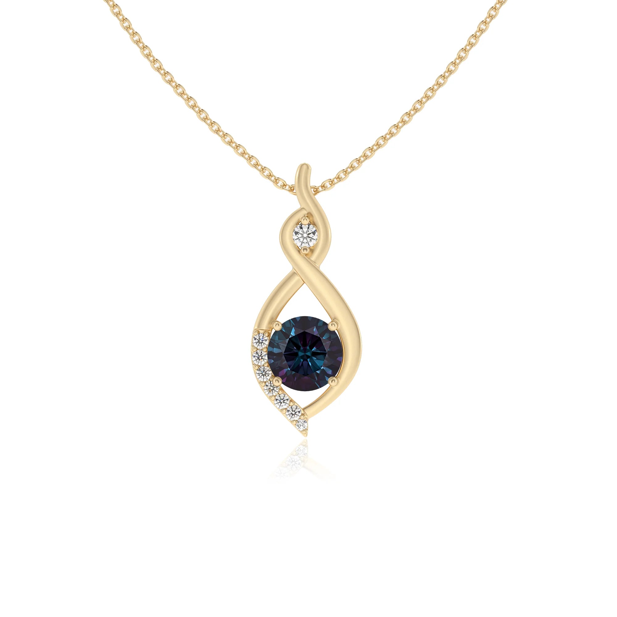 lab grown alexandrite round solitaire necklaces in yellow gold 