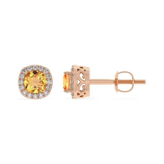 lab grown citrine cushion stud earrings in rose gold 