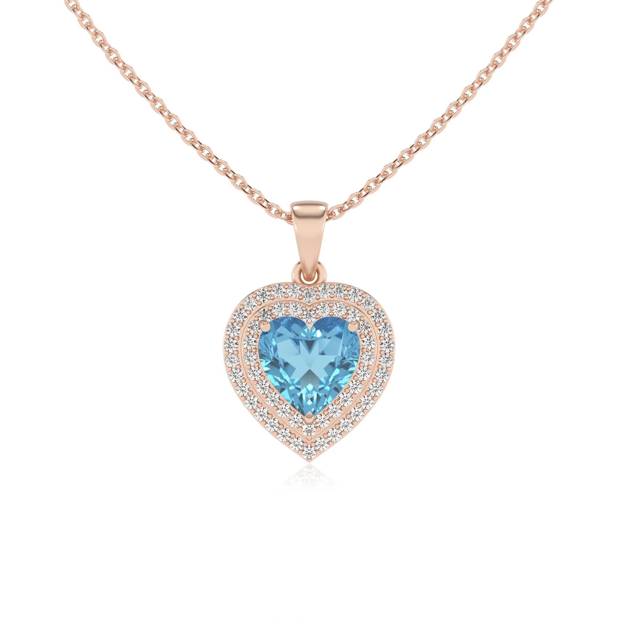 natural swiss blue topaz heart halo necklaces in rose gold 