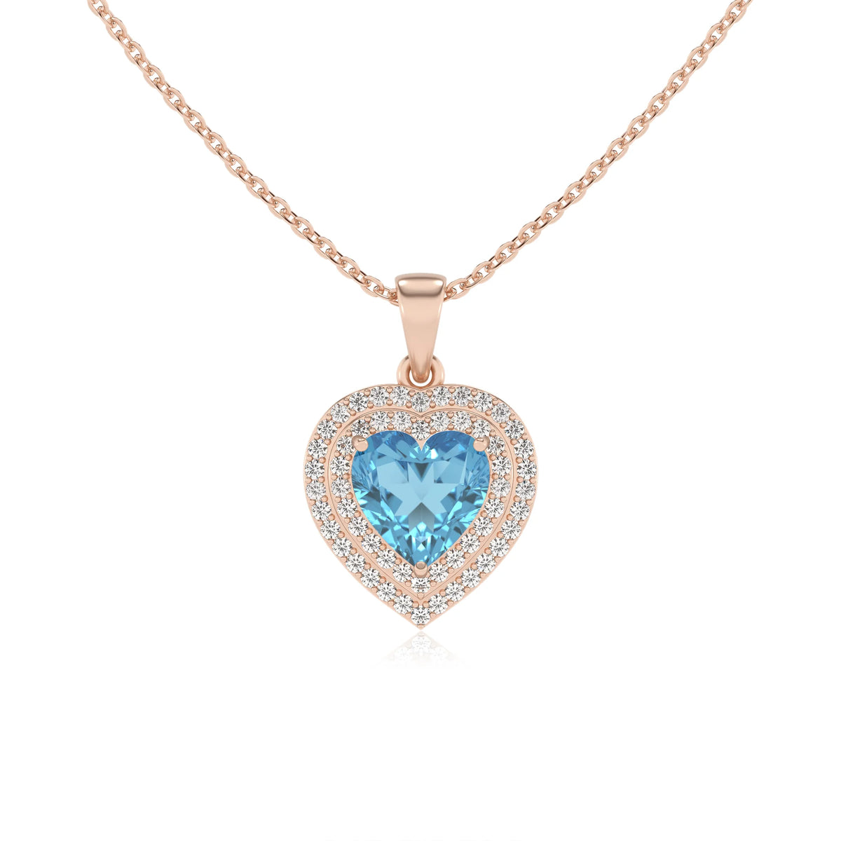 natural swiss blue topaz heart halo necklaces in rose gold 