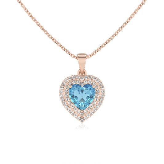 natural swiss blue topaz heart halo necklaces in rose gold 