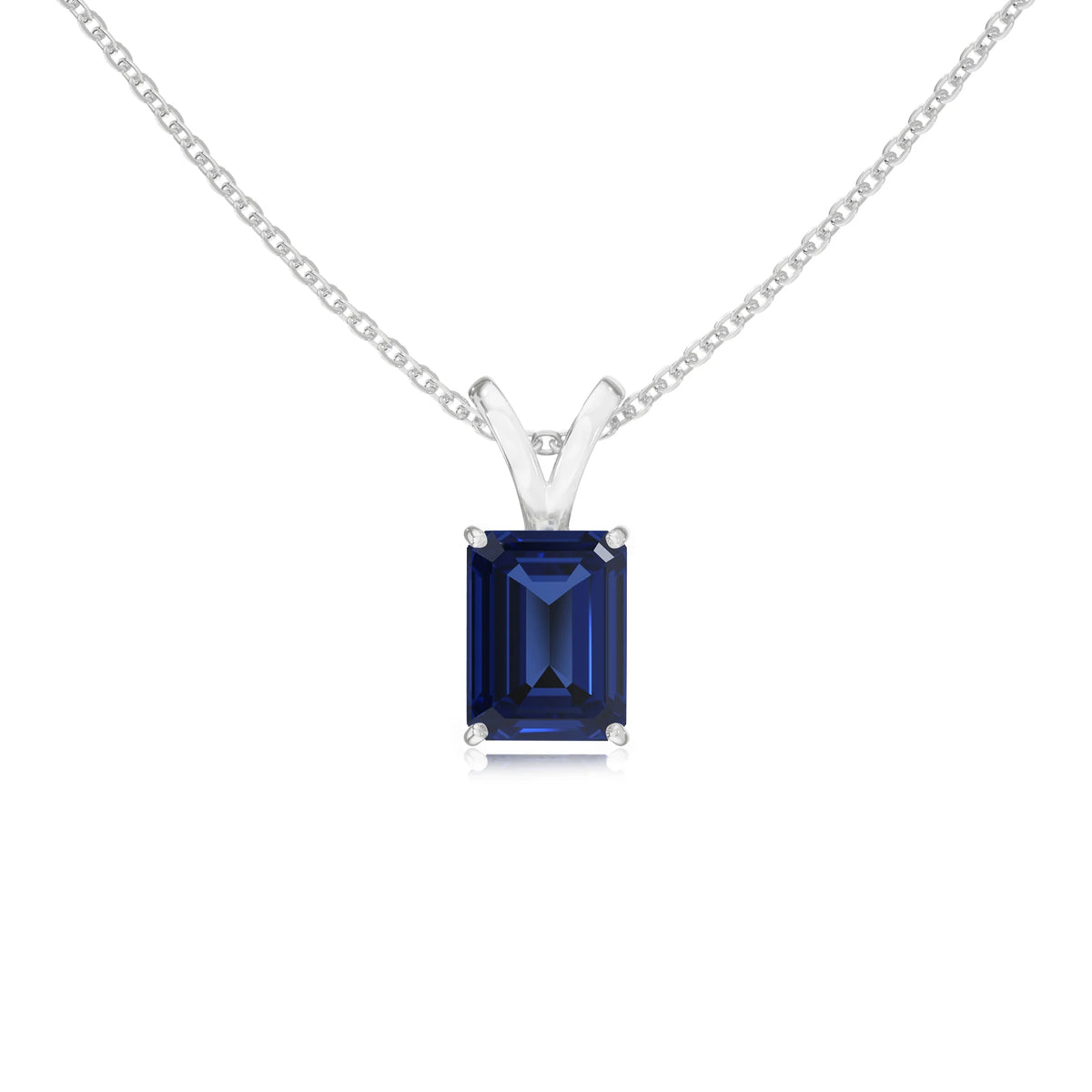 lab grown blue-sapphire emerald cut solitaire v-bale necklaces in platinum 