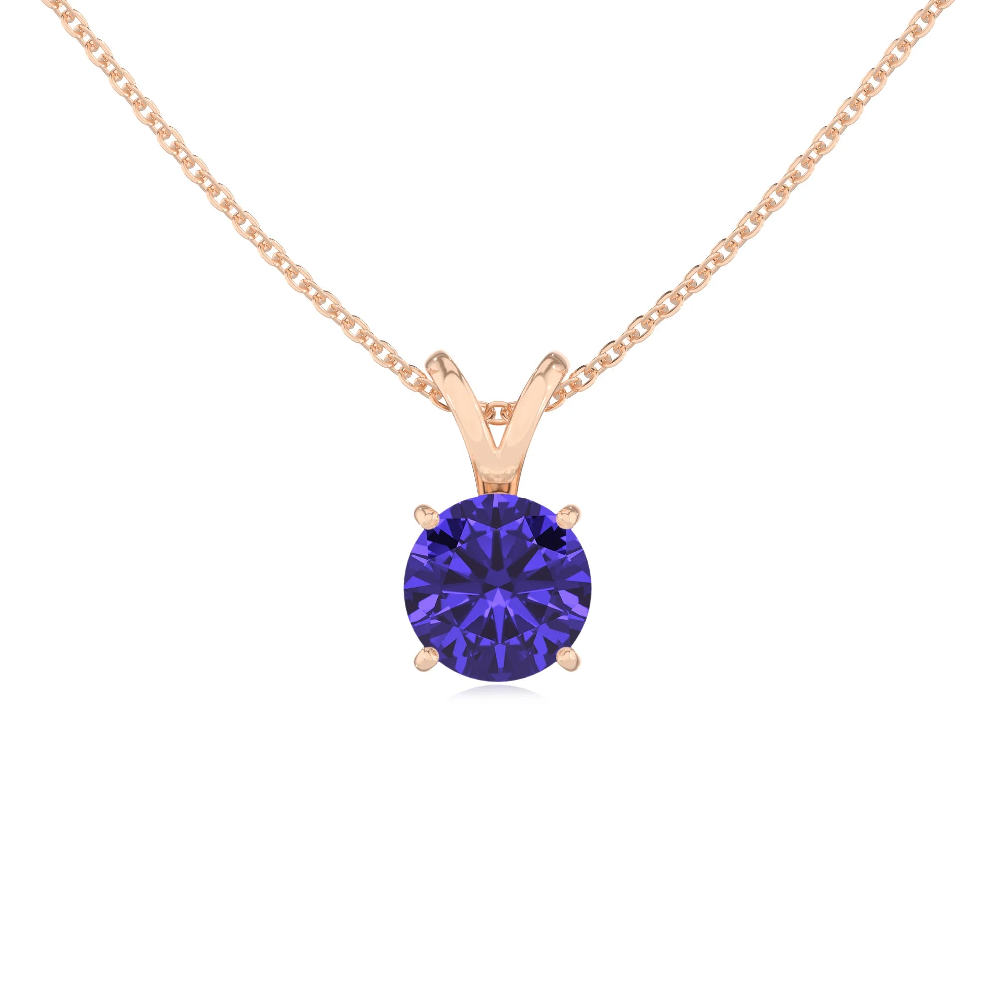 lab grown tanzanite round solitaire v-bale necklaces in rose gold 