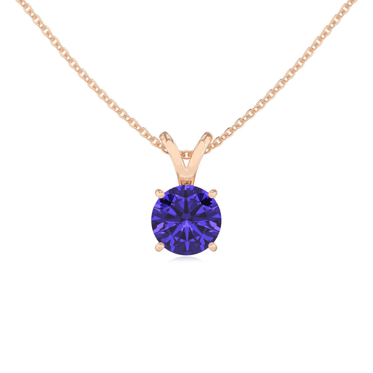 lab grown tanzanite round solitaire v-bale necklaces in rose gold 