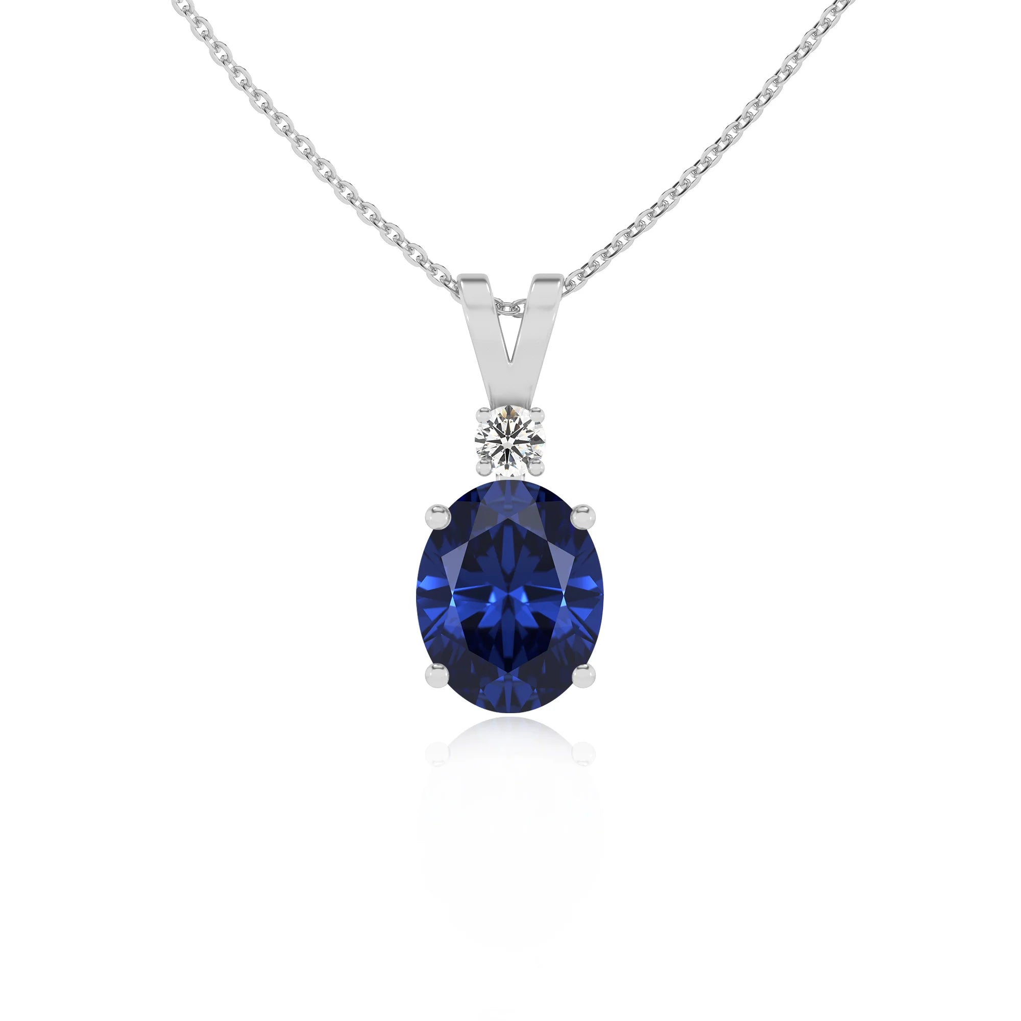 lab grown blue-sapphire oval solitaire v-bale necklaces in sterling silver 