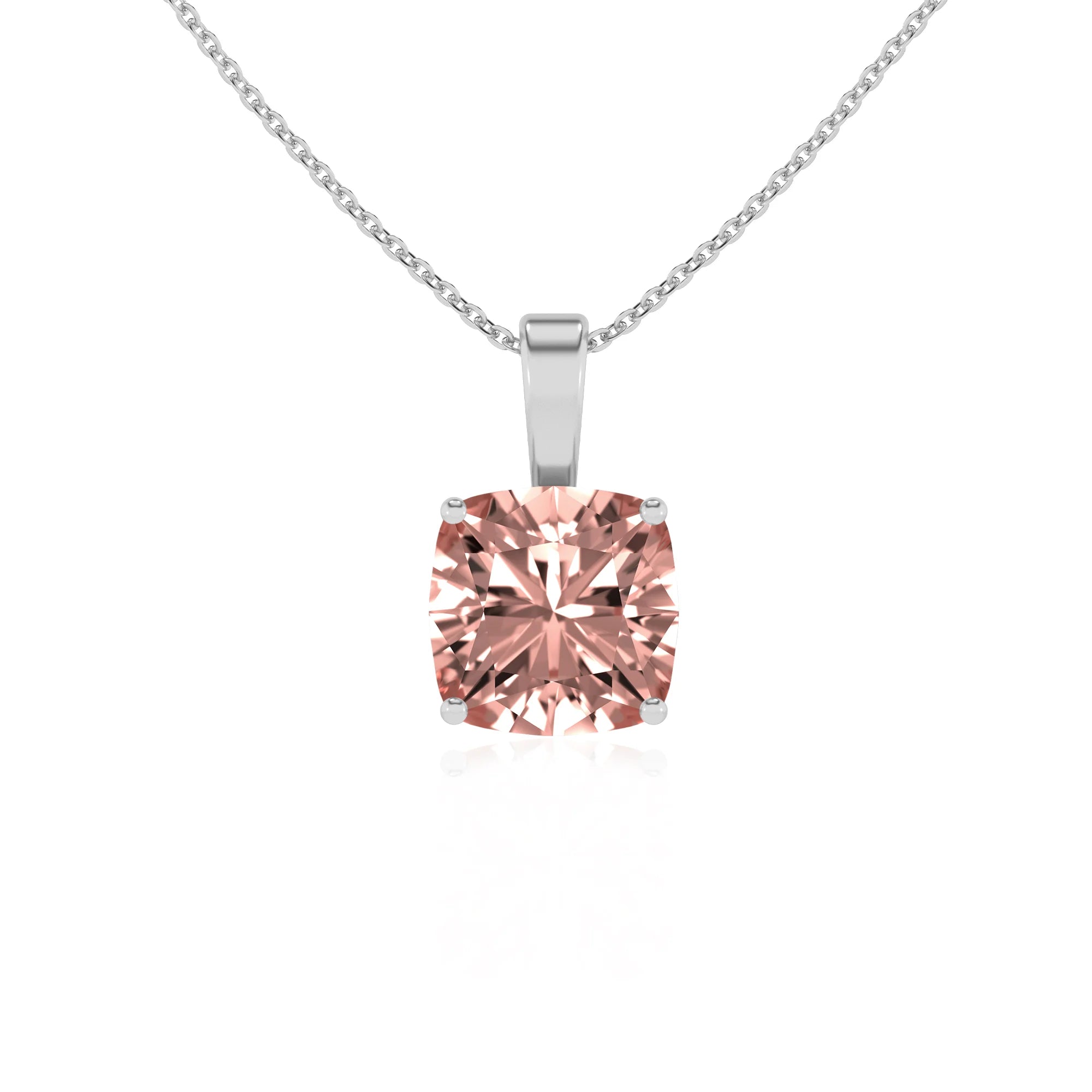 lab grown morganite cushion solitaire necklaces in white gold 