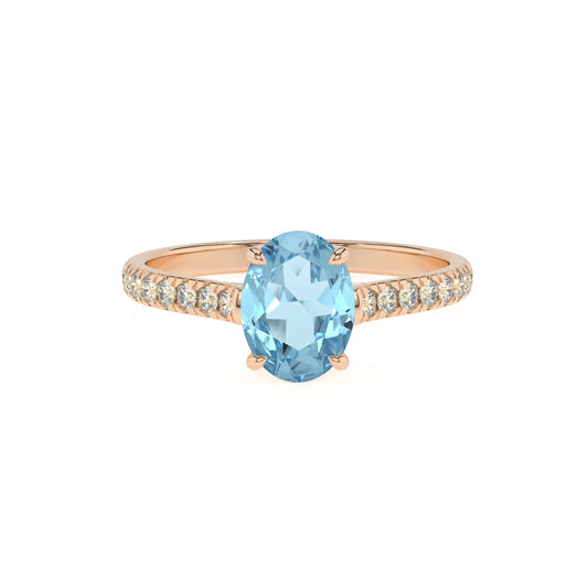lab grown aquamarine oval half eternity solitaire engagement rings in rose gold 