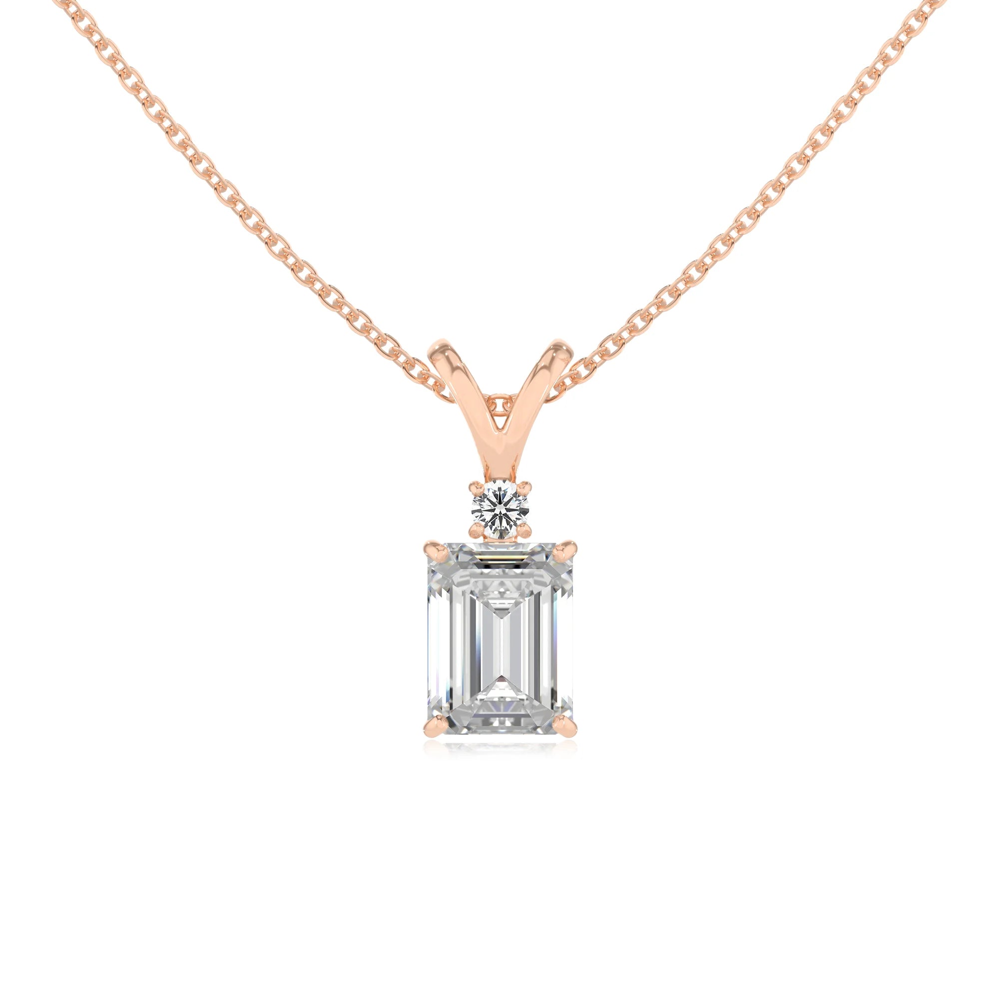 lab grown moissanite emerald cut solitaire v-bale necklaces in rose gold 