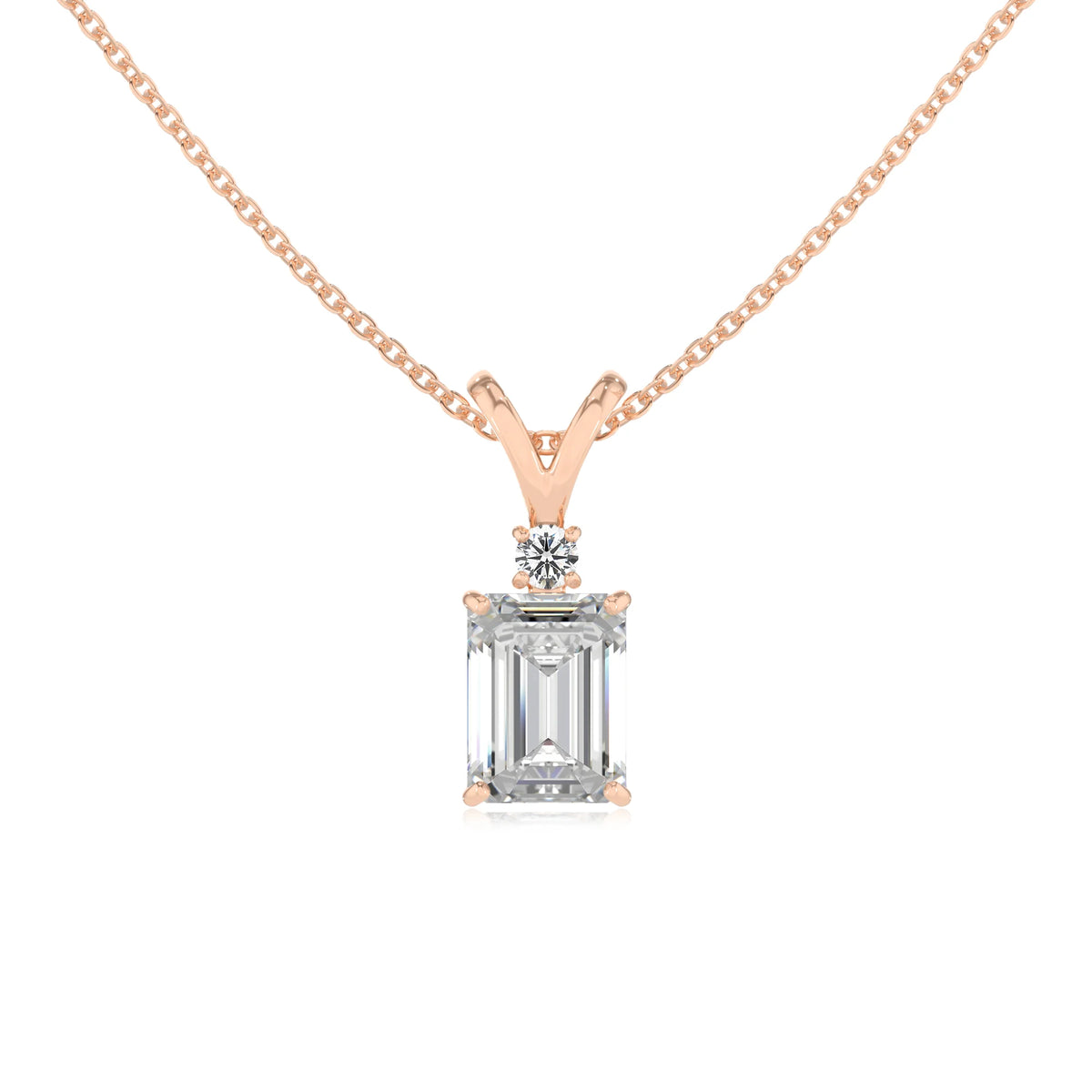 lab grown moissanite emerald cut solitaire v-bale necklaces in rose gold 