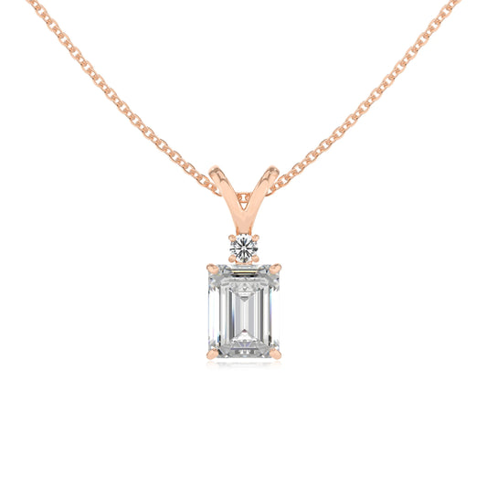 lab grown moissanite emerald cut solitaire v-bale necklaces in rose gold 