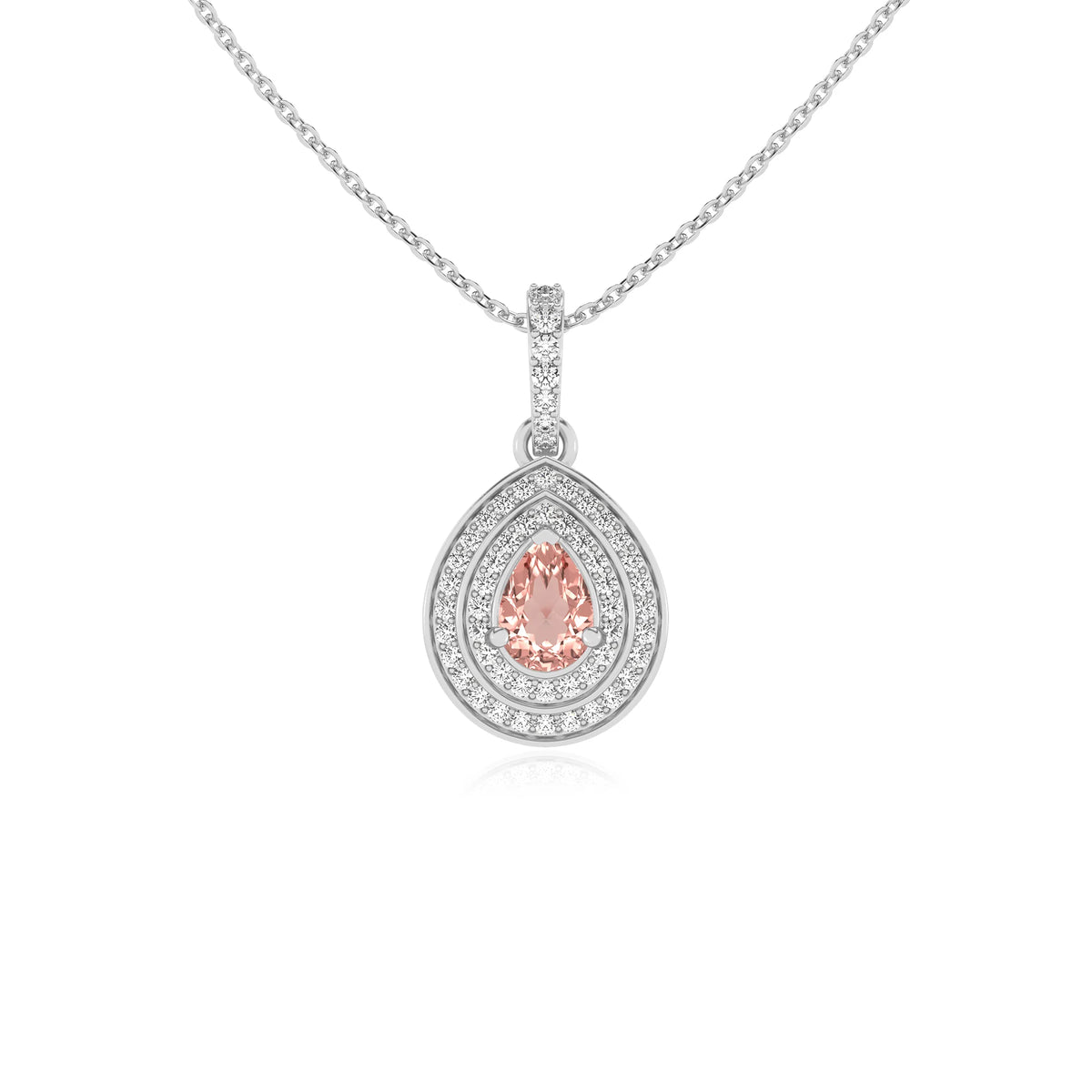 lab grown morganite pear halo necklaces in white gold 