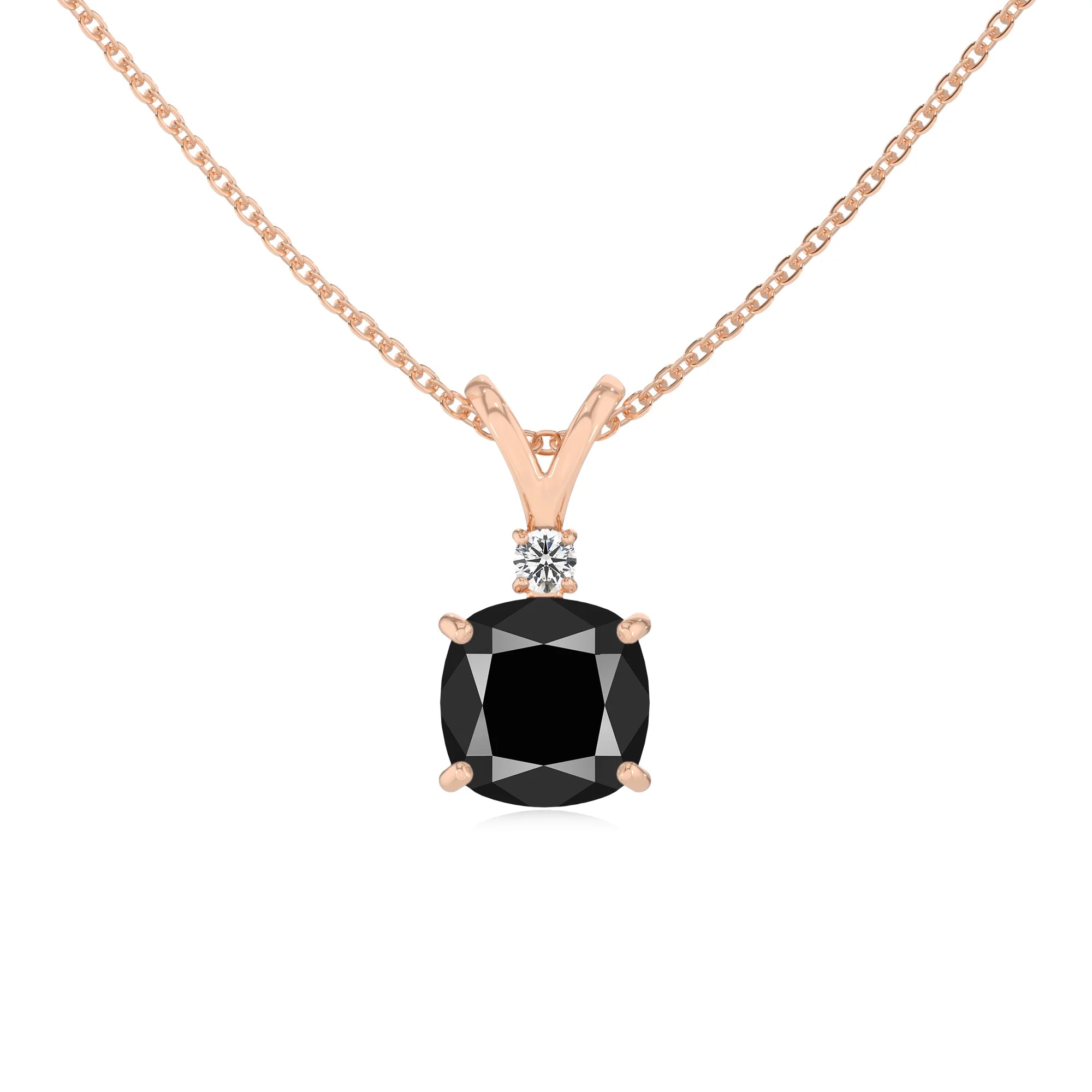 natural black-onyx cushion solitaire v-bale necklaces in rose gold 