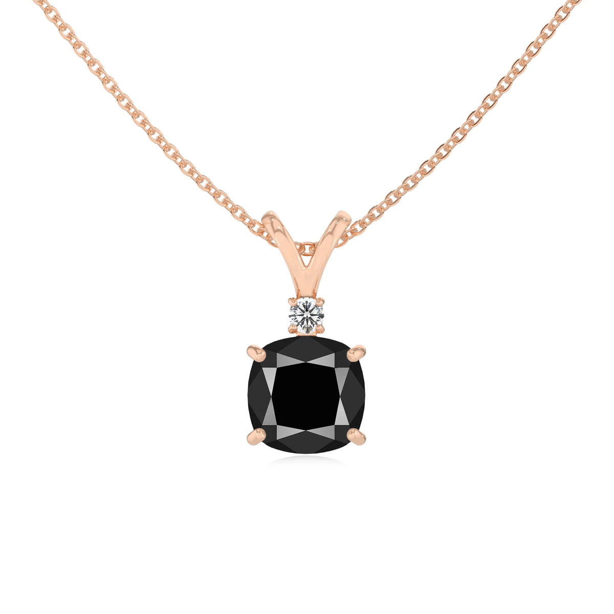 natural black-onyx cushion solitaire v-bale necklaces in rose gold 