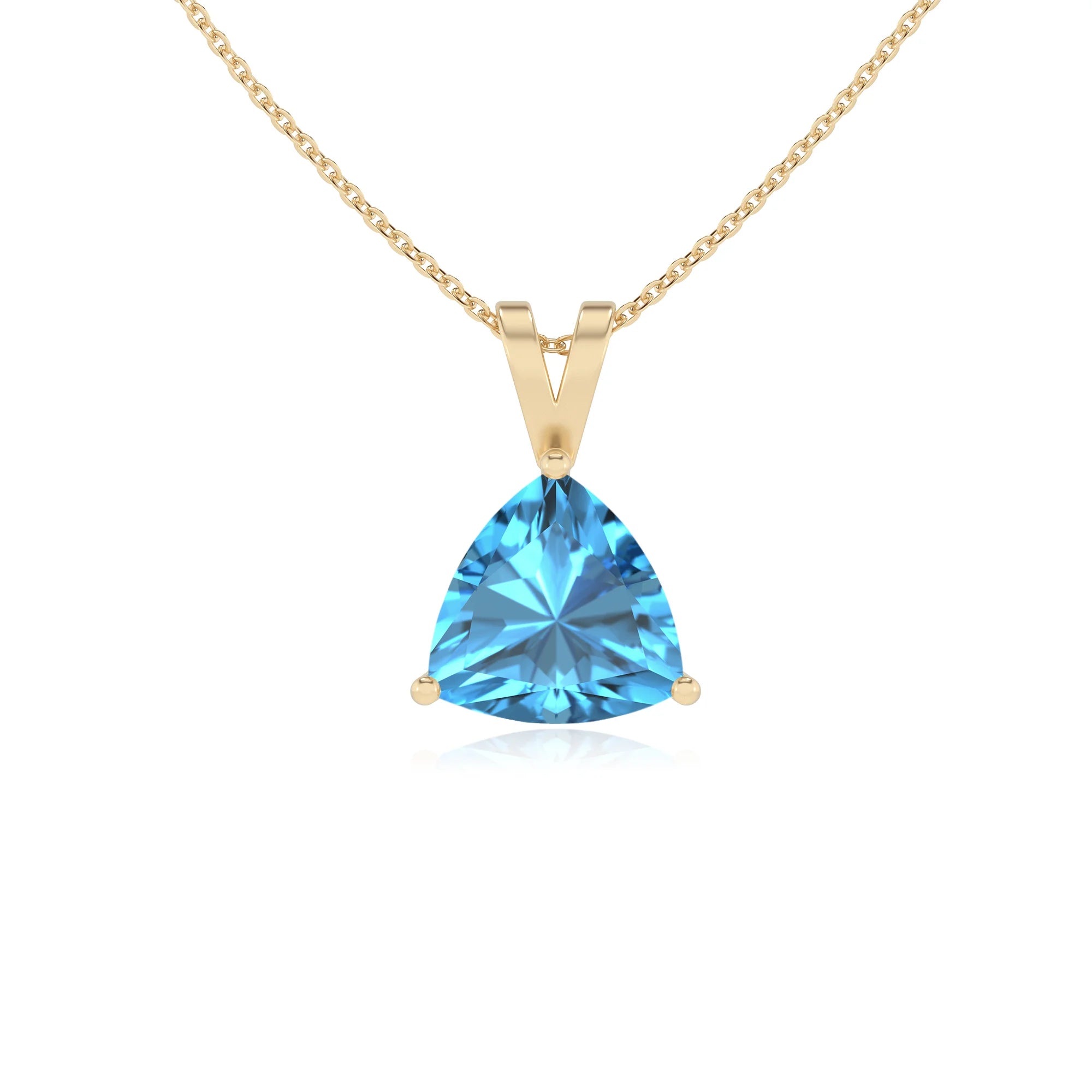 natural swiss-blue-topaz trillion solitaire v-bale necklaces in yellow gold 