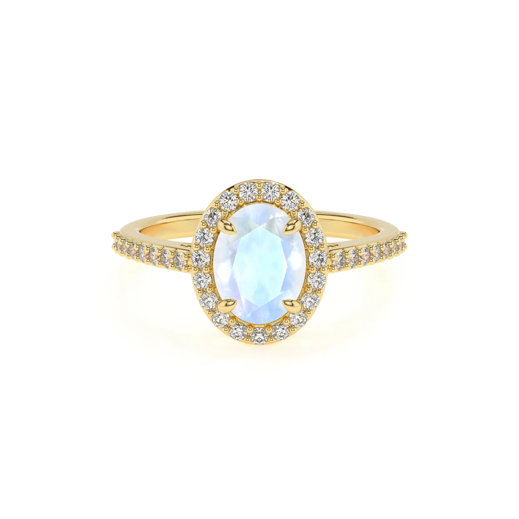 natural rainbow-moonstone oval solitaire rings in yellow gold 
