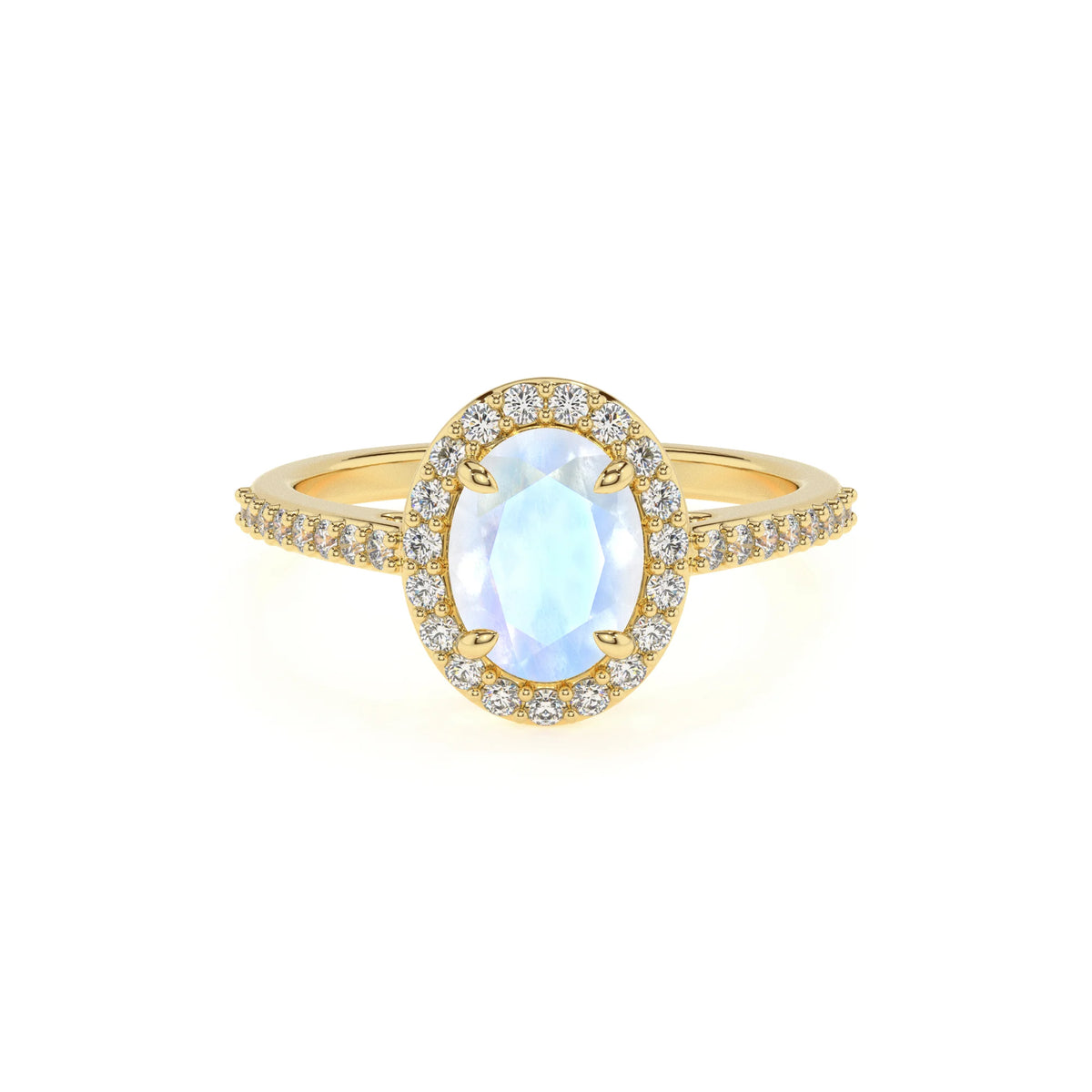 natural rainbow-moonstone oval solitaire rings in yellow gold 