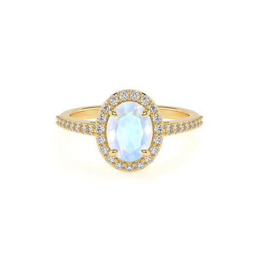 natural rainbow-moonstone oval solitaire rings in yellow gold 