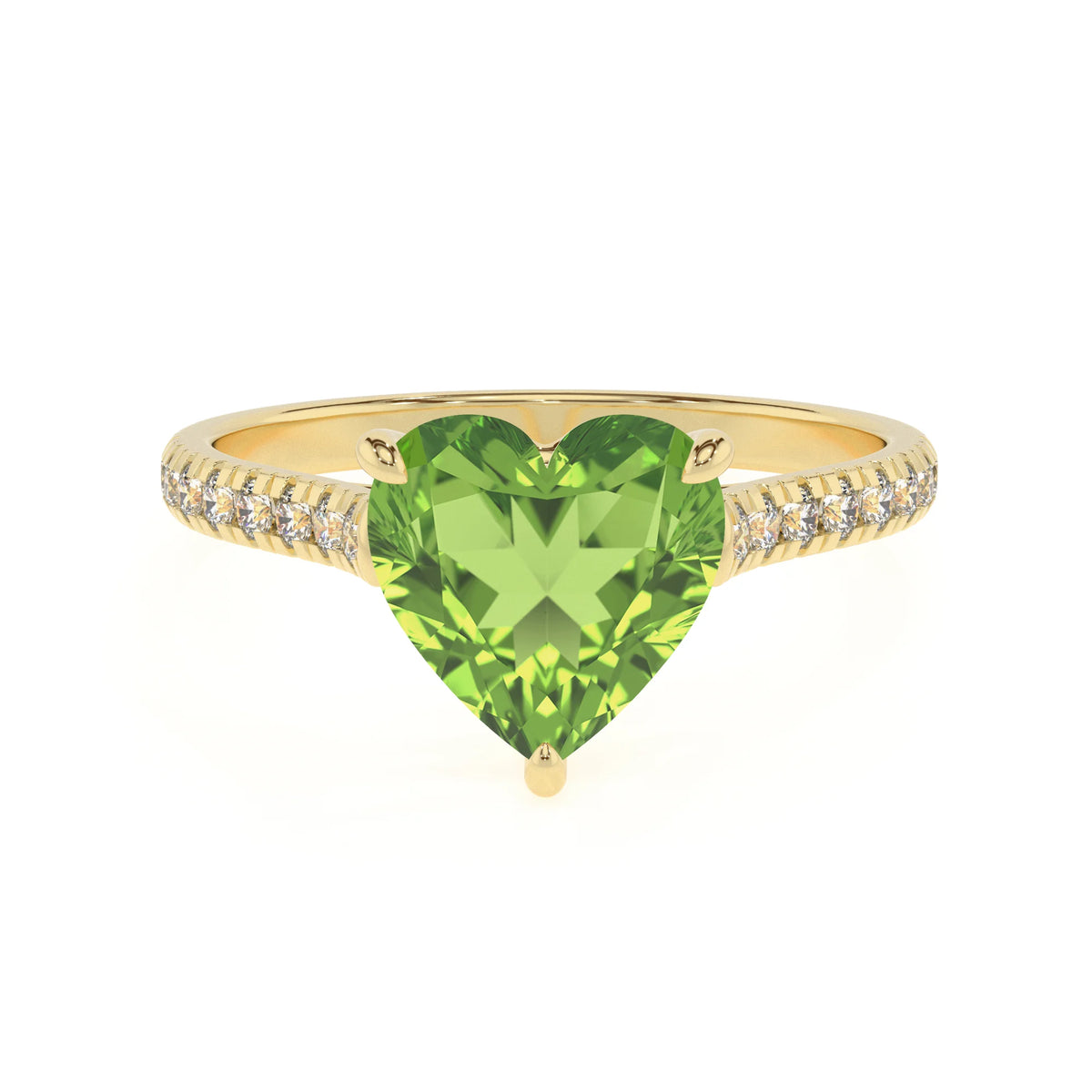 natural peridot heart half eternity solitaire engagement rings in yellow gold 