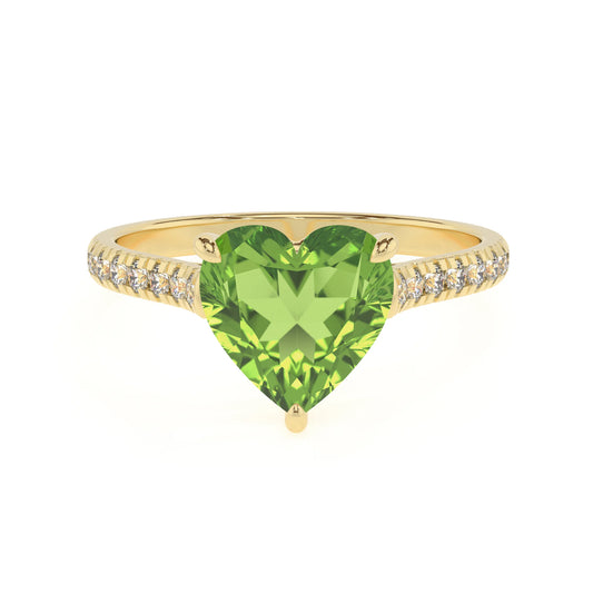 natural peridot heart half eternity solitaire engagement rings in yellow gold 
