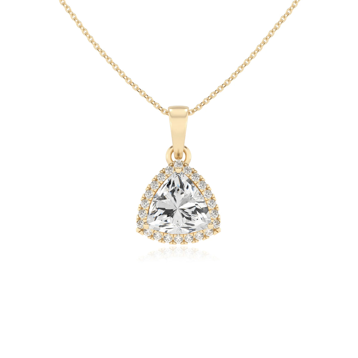 lab grown moissanite trillion solitaire necklaces in yellow gold 