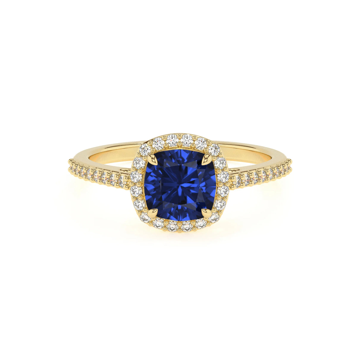 lab grown blue-sapphire cushion solitaire rings in yellow gold 
