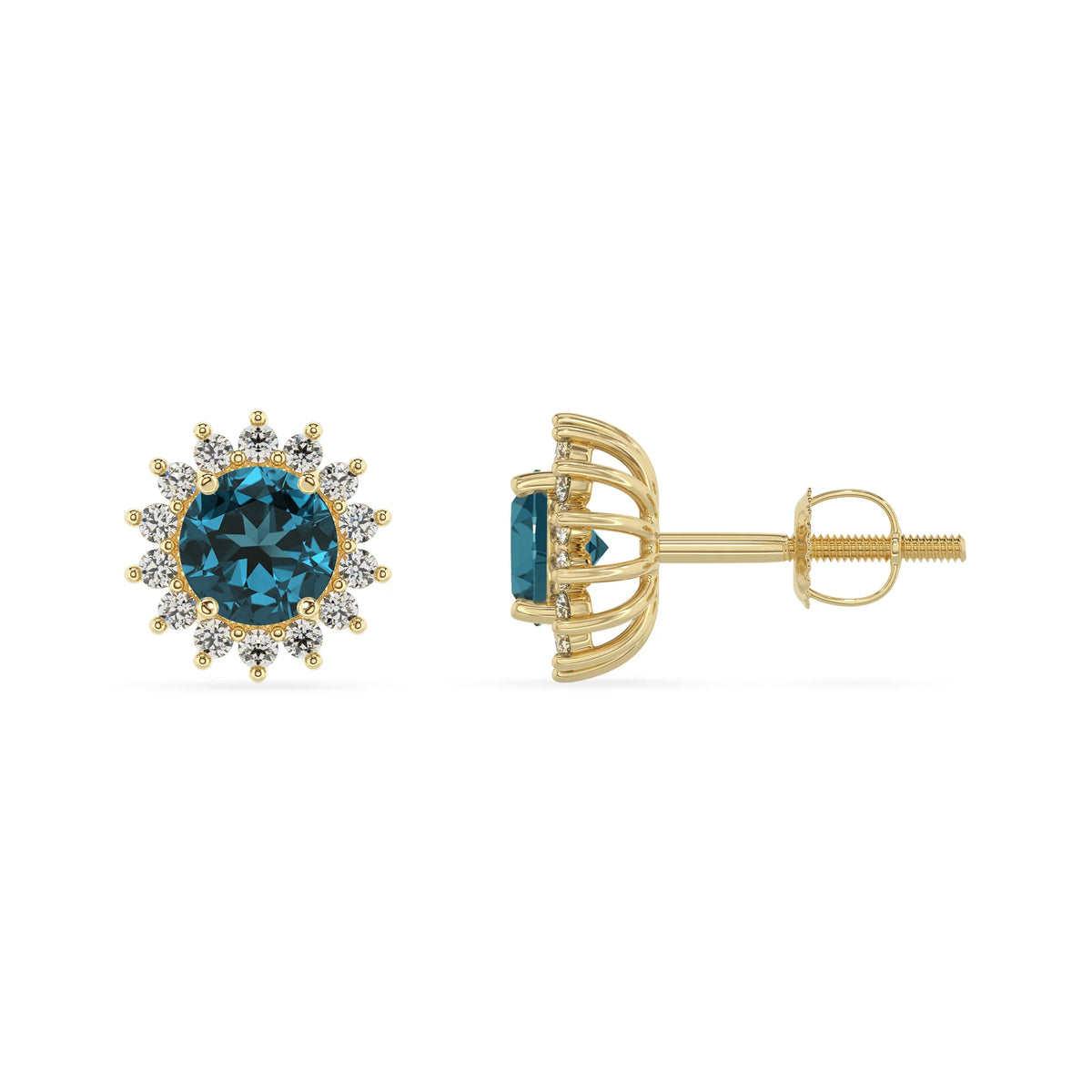 natural london blue topaz round stud earrings in yellow gold 