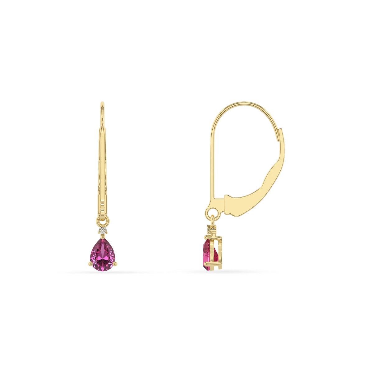 lab grown pink sapphire pear drop earrings in yellow gold 
