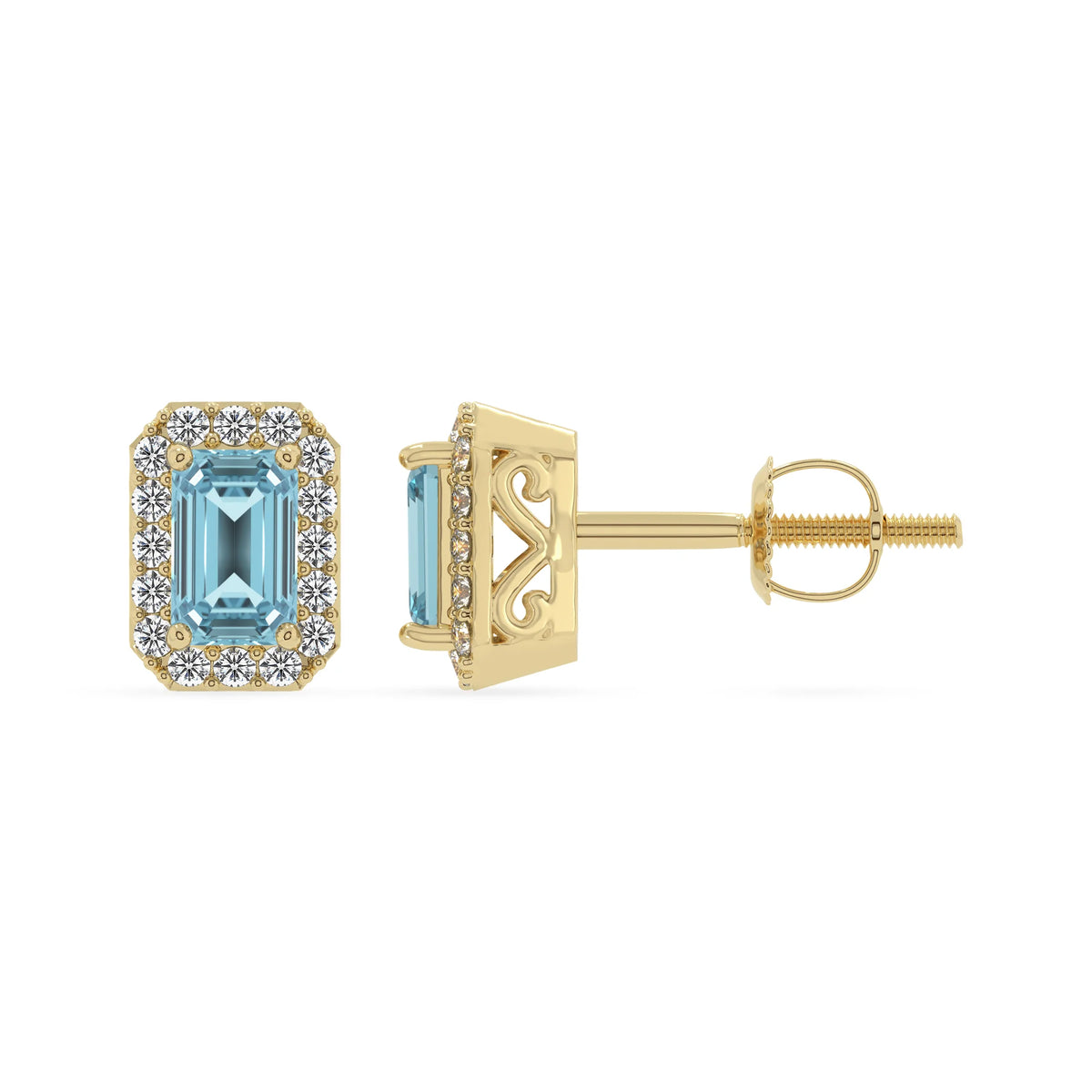 lab grown aquamarine emerald cut stud earrings in yellow gold 