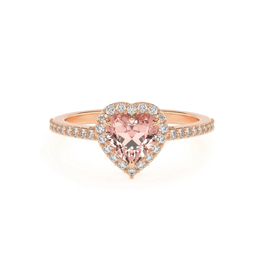 lab grown morganite heart solitaire rings in rose gold 