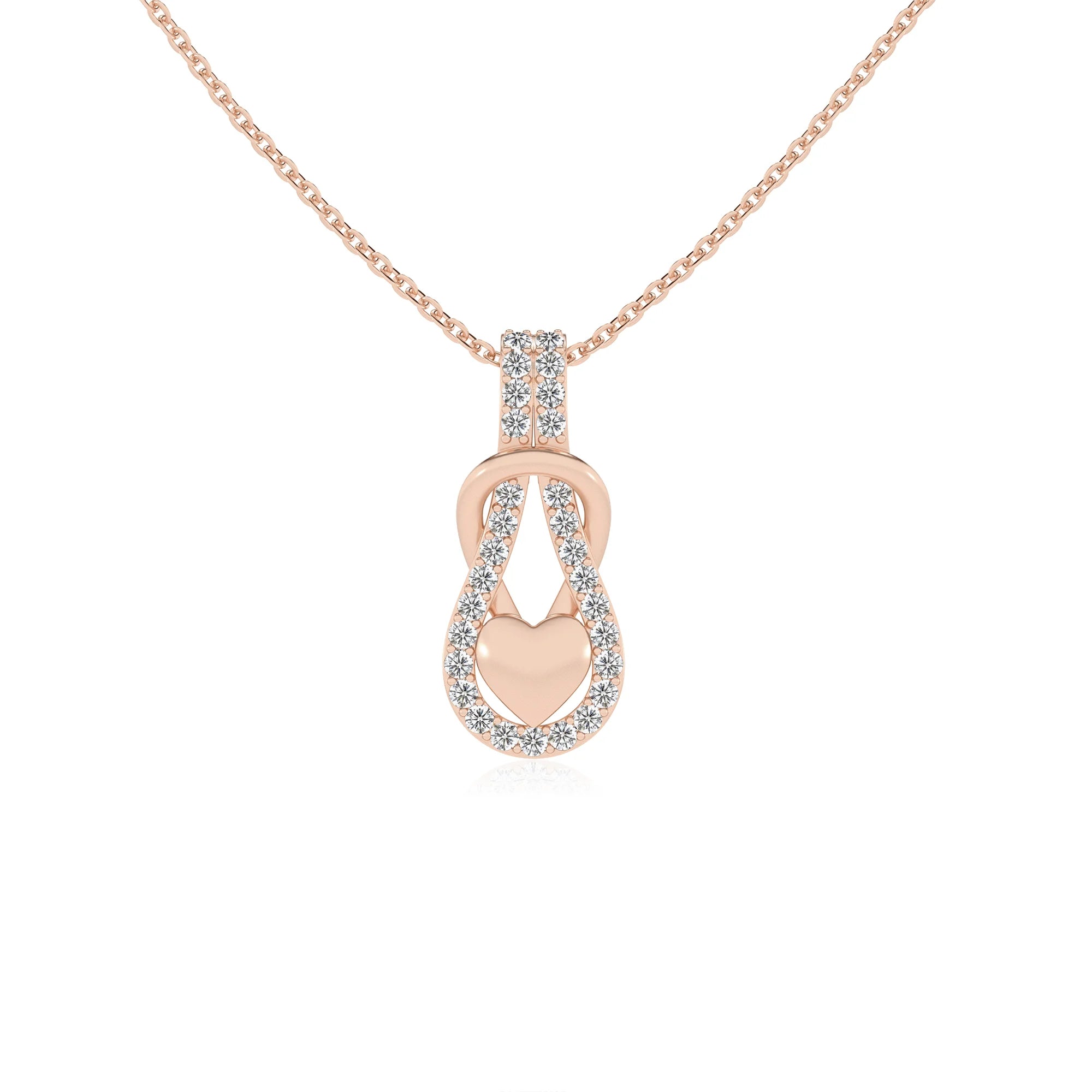 lab grown moissanite round infinity  v-bale necklaces in rose gold 