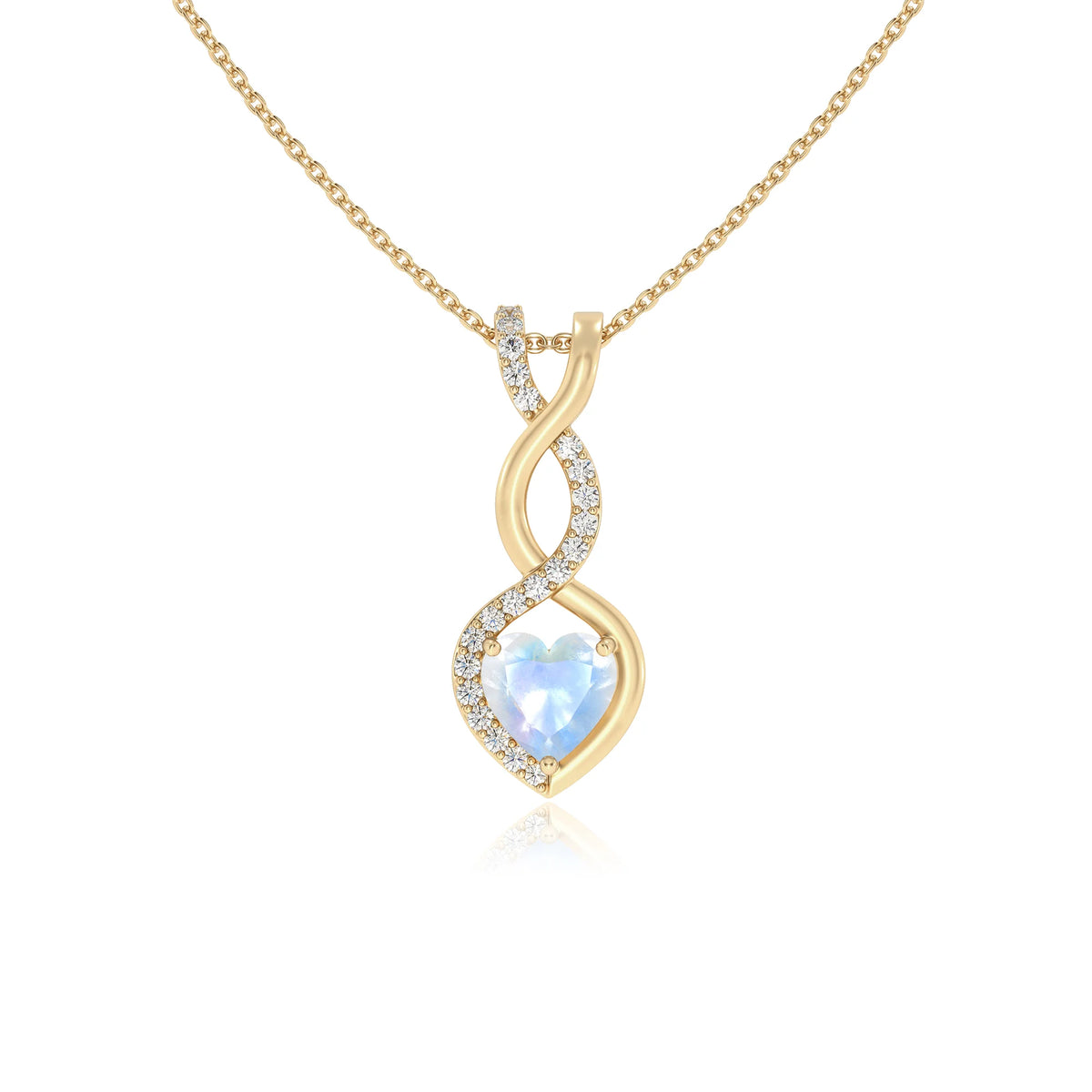natural rainbow-moonstone heart infinity necklaces in yellow gold 