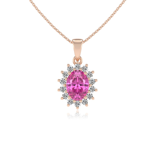 lab grown pink-sapphire oval halo necklaces in rose gold 