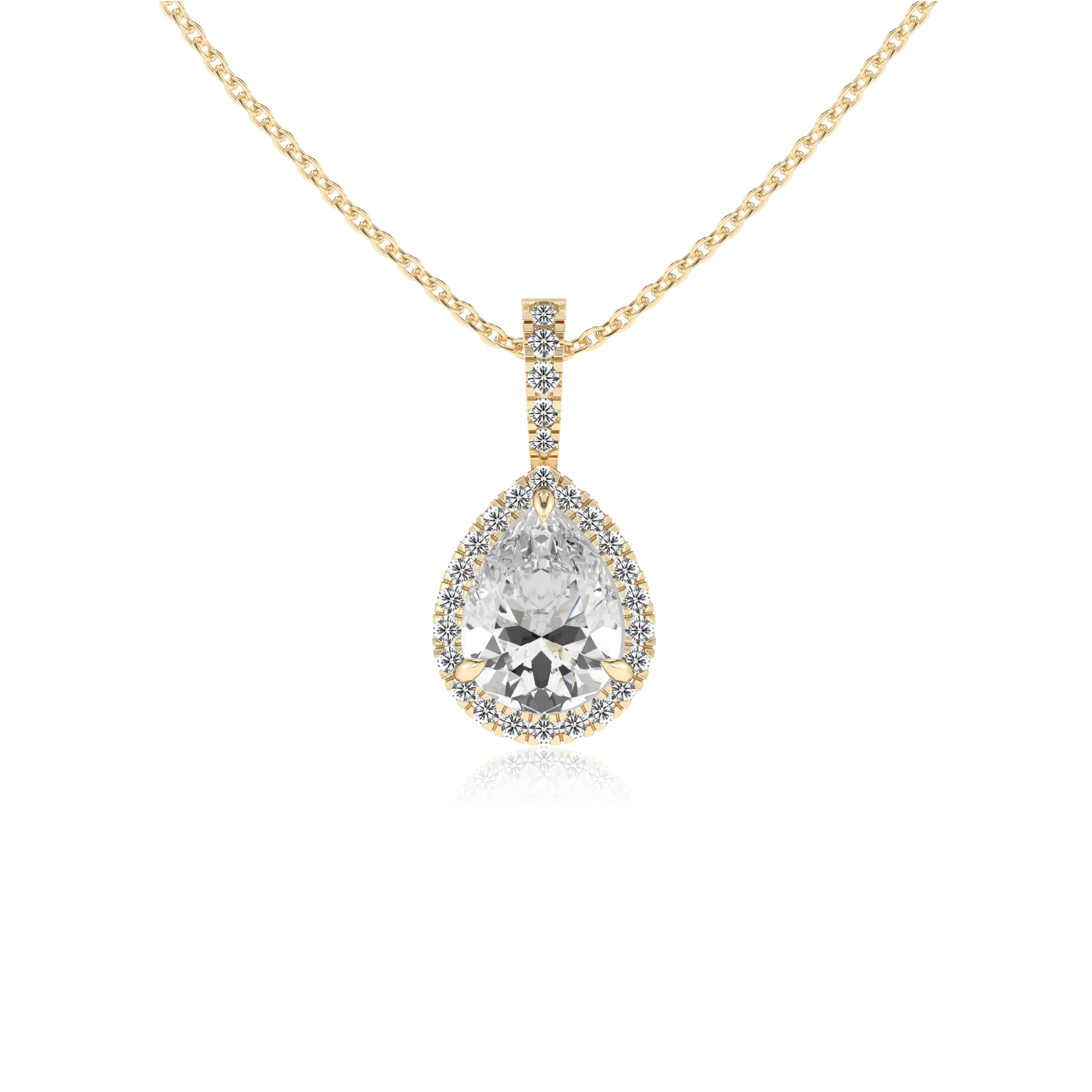 lab grown moissanite pear solitaire necklaces in yellow gold 