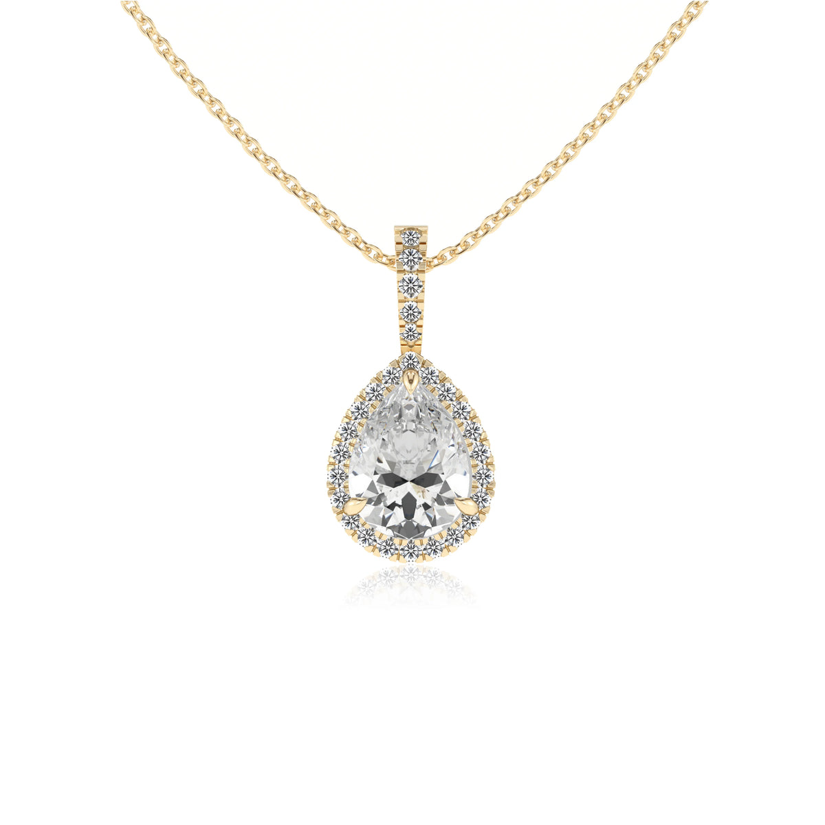 lab grown moissanite pear solitaire necklaces in yellow gold 