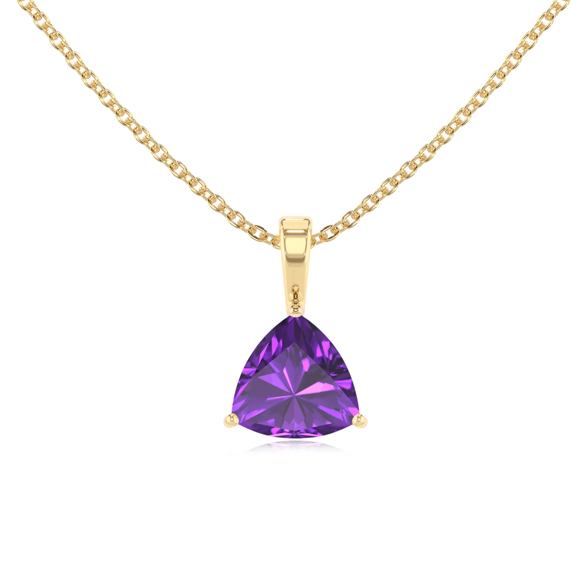 lab grown amethyst trillion solitaire necklaces in yellow gold 