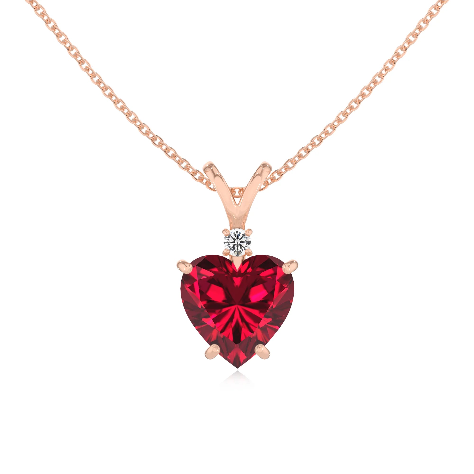lab grown ruby heart solitaire v-bale necklaces in rose gold 