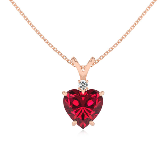 lab grown ruby heart solitaire v-bale necklaces in rose gold 