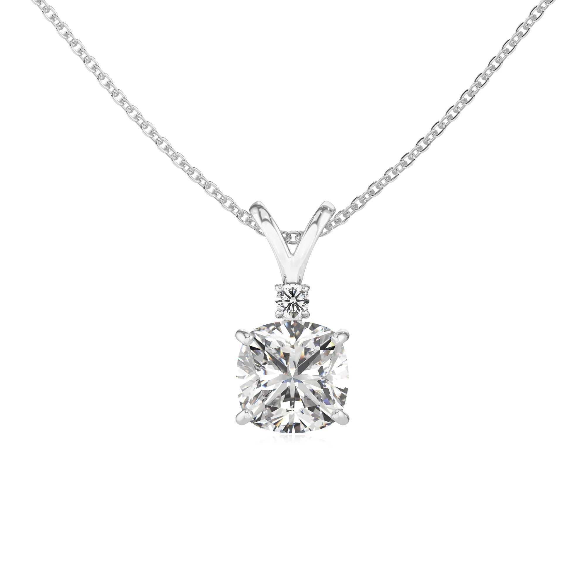 lab grown moissanite cushion solitaire v-bale necklaces in white gold 