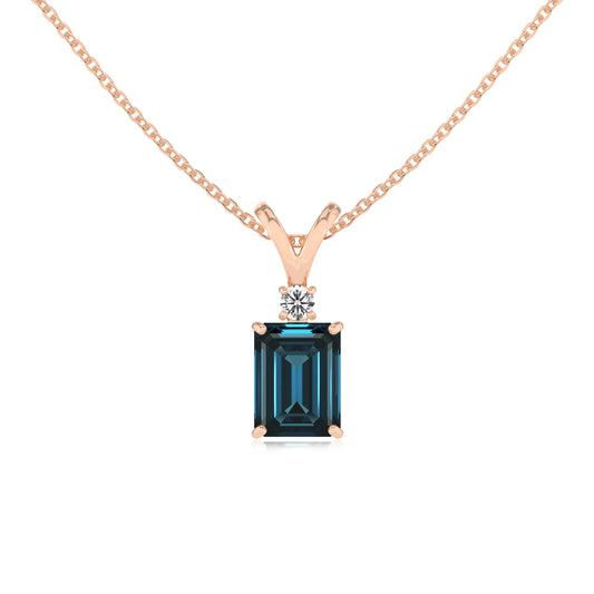 natural london-blue-topaz emerald cut solitaire v-bale necklaces in rose gold 